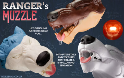 Drooling wolf muzzle masturbator toy from various angles with text reading 'intimate details and textures'