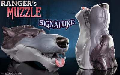 Wolf muzzle masturbator in Ranger's signature colouration, a 3-tone split with dark grey on top, a grey muzzle and a lighter grey underside.